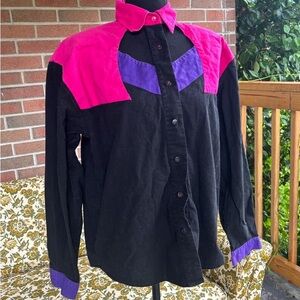 Vintage Black Blouse with Pink and Purple Accents